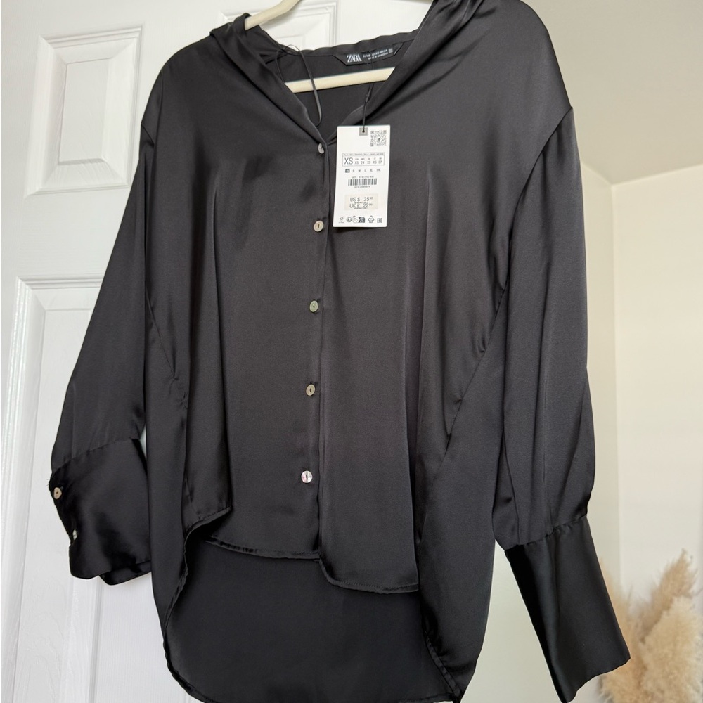 Zara Women's Black Button Down Satin Shirt